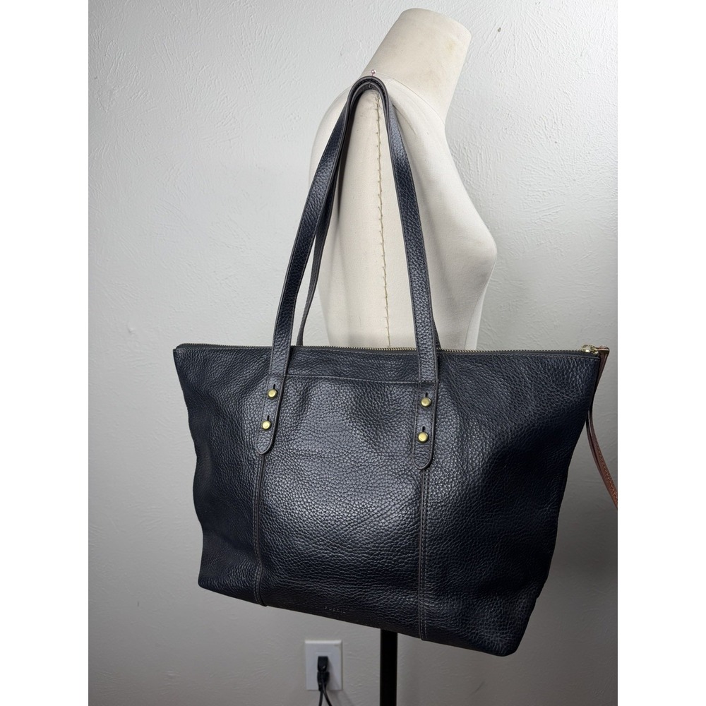 Fossil Jenna Leather Shopper Tote Handbag Large Jet Black Pebbled Leather Purse